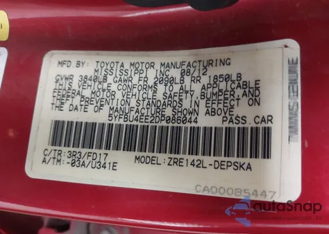 2013 Toyota Corolla S из США, поврежденный, VIN 5YFBU4EE2DP086044